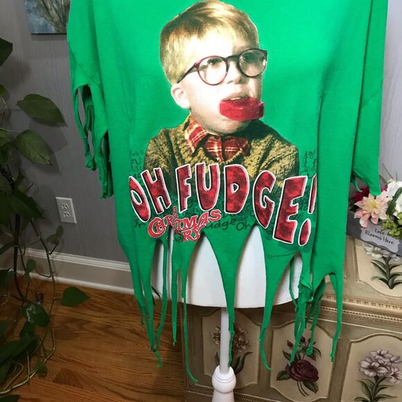 Christmas Story Oh Fudge Ralphie Upcycled Tee Fringe Green Sz XL - Picture 3 of 10